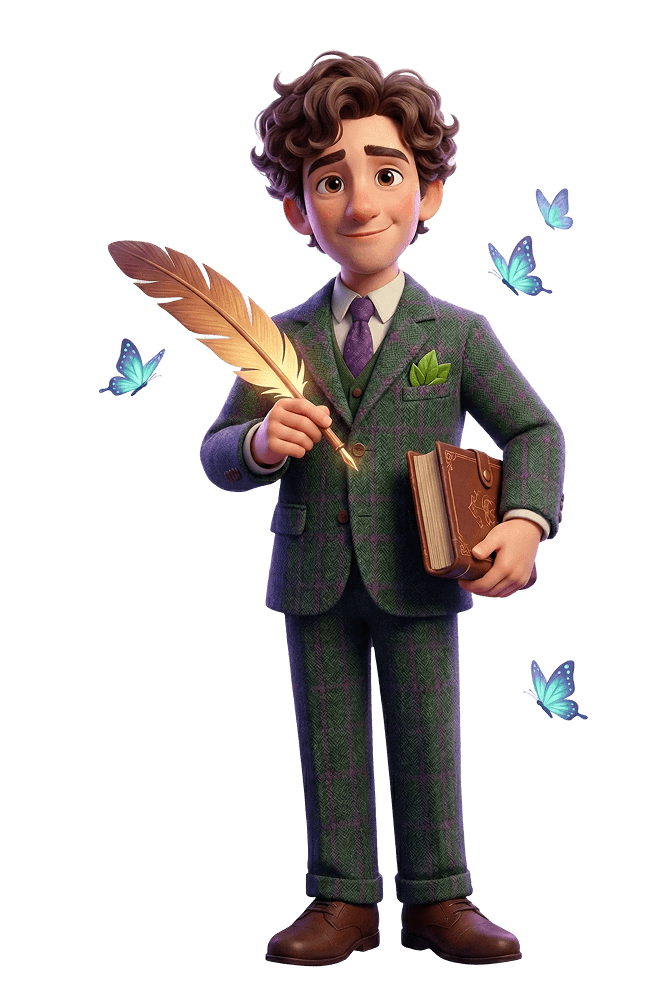 pvhaタイプの診断結果として表示される、羽根ペンと本を手にした知的なキャラクター