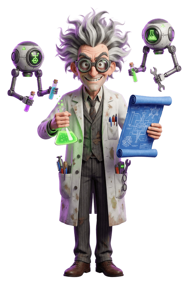 pvlaタイプの診断結果として表示される、実験器具と設計図を持つ研究者のキャラクター